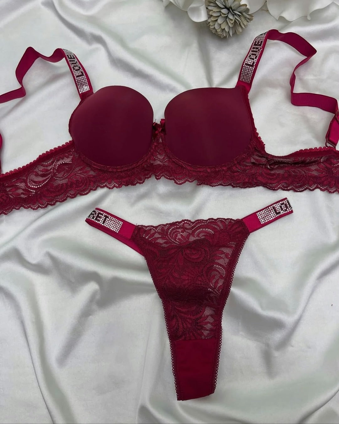 Rhinestone Strap Lace Push-Up Bra & Thong Set – Pack of 3