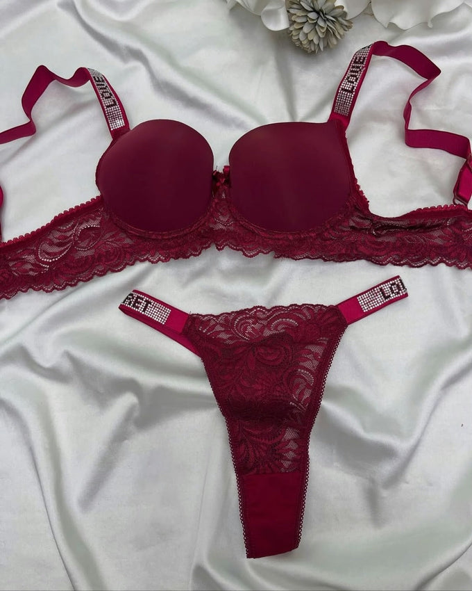 Rhinestone Strap Lace Push-Up Bra & Thong Set – Pack of 3