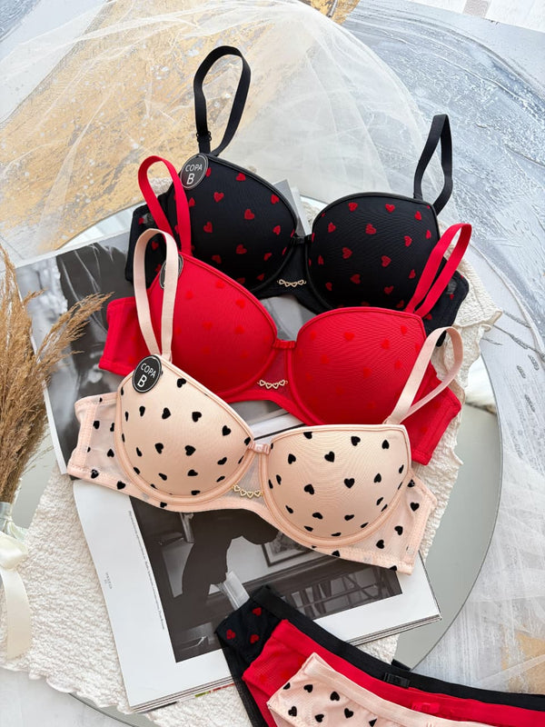 Heart Print Mesh Push-Up Bra & Panty Set – Pack of 3