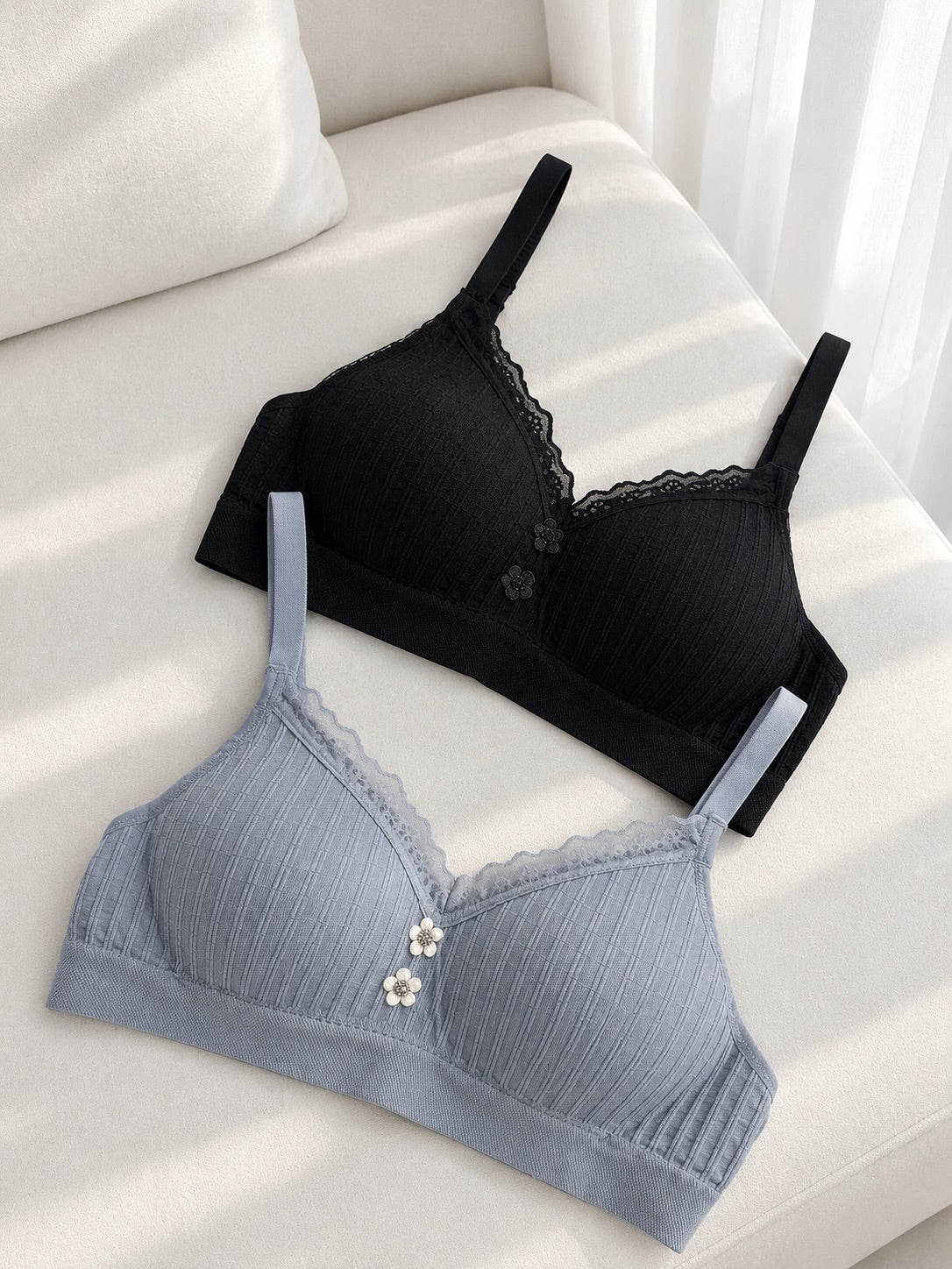 Floral Button Wireless Padded Bra with Lace Trim – Pack of 3