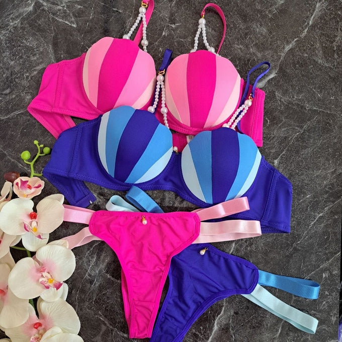Pearl Strap Seashell Push-Up Bra & Thong Set – Pack of 3